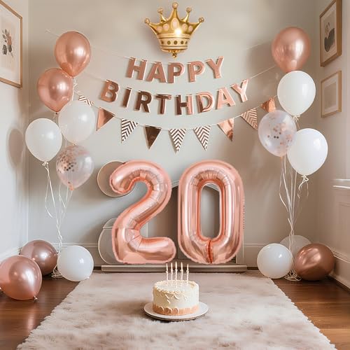 20歳 誕生日 飾り付け バルーンセット ハッピーバースデー happy birthday ガーランド & 大きな数字バルーン、紙吹雪風船、王冠付き ローズゴールドの豪華パーティー装飾 大人女子向け