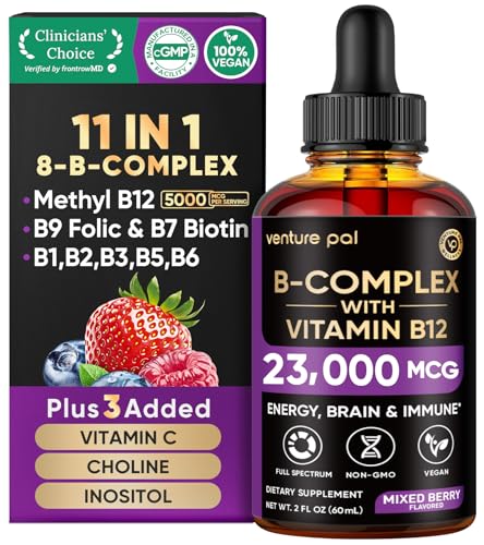 Venture Pal Vitamin B Complex Liquid Drops, B12 Methylcobalamin | B9 Folic | B1,B2,B3,B5,B6,B7 - Vitamin C, Choline, Inositol, Immune & Energy Metabolism, Brain & Heart Support