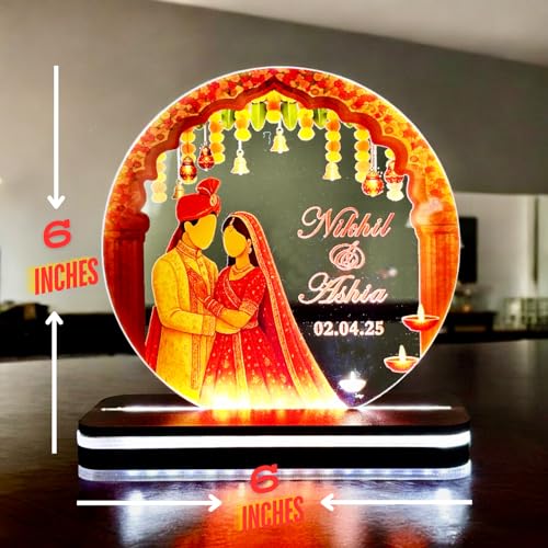 Image of Personalized Hindu Wedding LED Acrylic Lamp - Custom Couple Name & Date Gift - Marriage Decor with Light - Bridal Keepsake Night Light for Room or Reception Display