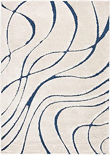 Image of Geometric Wave Shaggy Rectangular Carpet For Living Room,Bedroom,High Low Design Finish Microfiber 1.8 Inch Pile High,5X7 Feet Ivory|Blue Color