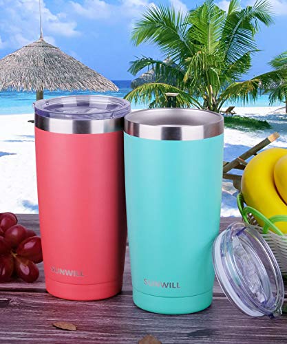Image of SUNWILL 20oz Tumbler with Lid (Powder Coated Coral 2 pack), Stainless Steel Vacuum Insulated Double Wall Travel Tumbler, Durable Insulated Coffee Mug, Thermal Cup with Splash Proof Sliding Lid