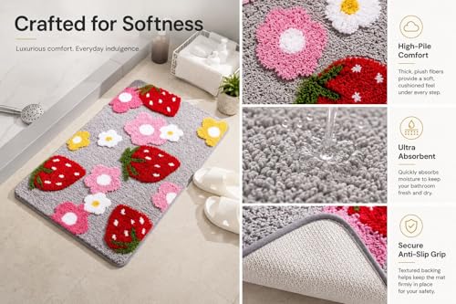 Image of Tomato Bath Mat: Super Soft Shaggy Kids Bathroom Rug, Anti-Skid, Absorbent, Cute Cartoon Fruit Design, Non-Slip Floor Mat (60 x 40 Cm) (Strawberry Fruit Bath Mat)
