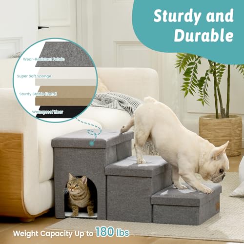 Image of Dog Stairs with Storage, 3-Step Wider Sturdy Dog Steps for Small /Medium /Large Dogs and Older Cats, Doggie Ramp with Condo for Bed /Couch /Car Hold Up to 180 lbs (17.7 inch H, Grey)