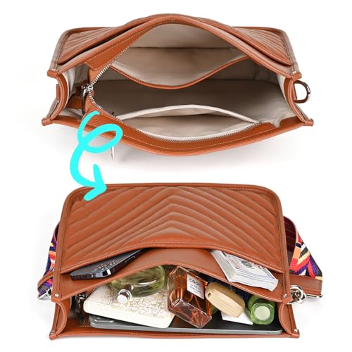 Image of Genuine Leather Crossbody Bags for Women Trendy Hobo Handbags Soft Quilted Shoulder Bag Purses with Adjustable Strap