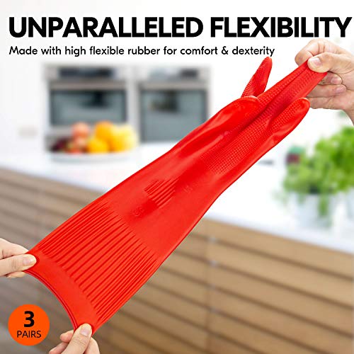 Vgo... 3-Pairs Dishwashing Gloves, Reusable Household Gloves, Kitchen Gloves, Long Sleeve, Thick Latex, Cleaning, Washing, Working, Painting, Gardening, Pet Care (Size M,Red, Rb2143) #TOP2