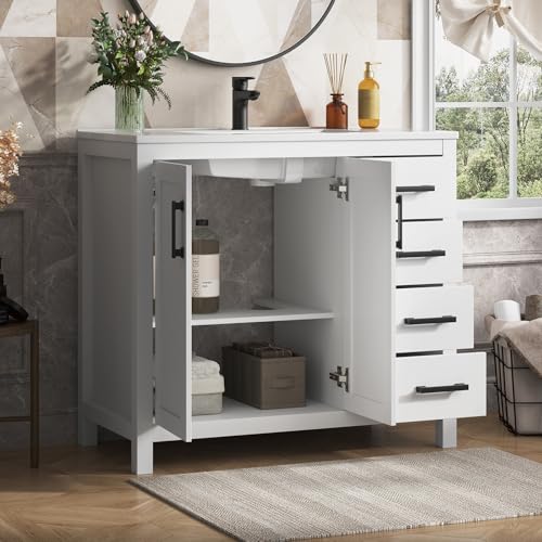 DELUXE LIVING 36 Inch Bathroom Vanity with Sink, White Single Sink Bathroom Vanity Modern Bathroom Sink Cabinet with Soft Close Doors & Drawers, 36 Inch Vanity with Sink, Adjustable Feet, Integral Top - Thumbnail 7
