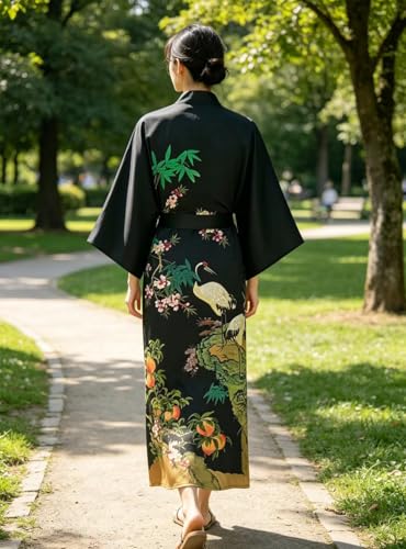 Image of Women's Classic 100% Silk Kimono Robe, Bathrobe-Printed Pattern