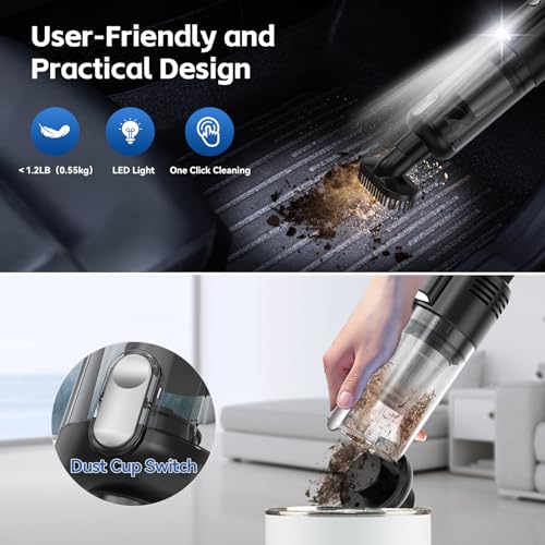 Image of Handheld Car Vacuum Cleaner Cordless: 9500PA Powerful Suction Portable Lightweight Hand Held Vacuum - Large Capacity Battery Last Long Wireless Mini Vacuum With LED Light For Home Office Cleaning