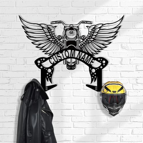 Custom Metal Motorcycle Helmet Holder Wall Mount, Personalized Name Motorcycle Helmet Rack with 2 Hooks, Motorcycle Accessories for Men, Helmet Hanger for Clothes, Jacket, Coat, Motorcycle Gear