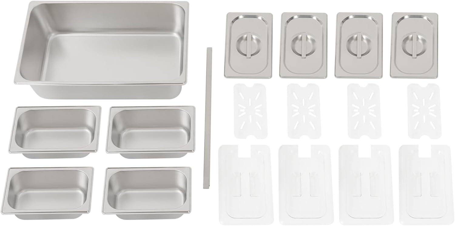 Stainless Steel Fruit Pan with Acrylic Lids and Water-filtering Gaskets Commercial-Grade Compartment Food Storage Container for Home Restaurants Buffet Display (4 Pans)