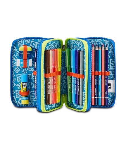 Sj Gang Astuccio Scuola 3 Zip, Blu, Realbasket, Portapenne Triplo Scomparto Completo Di Penne, Matite, Colori, Accessori Zaino, Elementari, Medie, Bambino, 30C202406-535 - 3