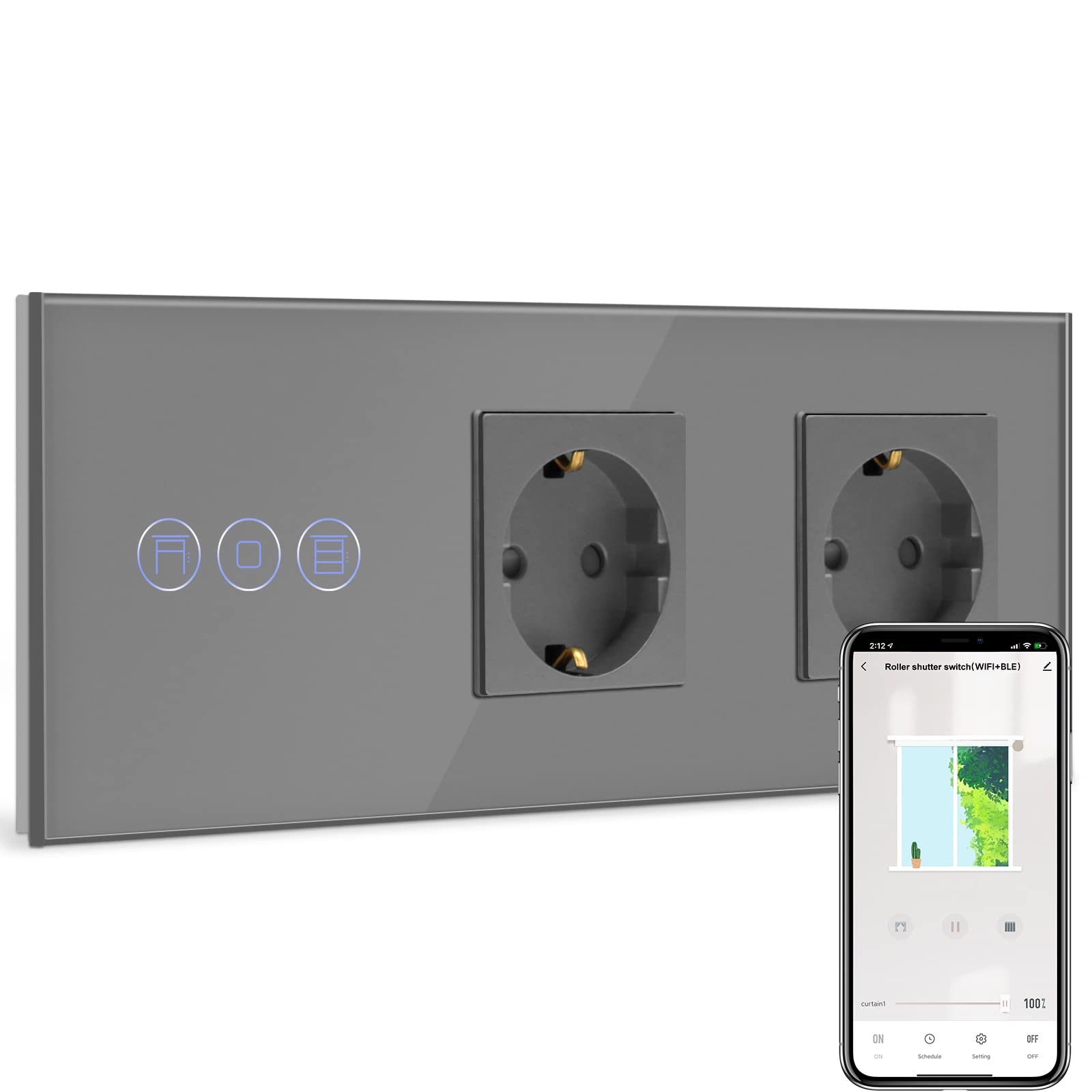 BSEED BSEED Normal Steckdose mit Smart Alexa Rolladenschalter, WIFI Jalousieschalter mit Steckdose,Kompatibel mit Alexa,Google Home, Doppel Schuko Steckdosen Grau(Nullleiter erforderlich)