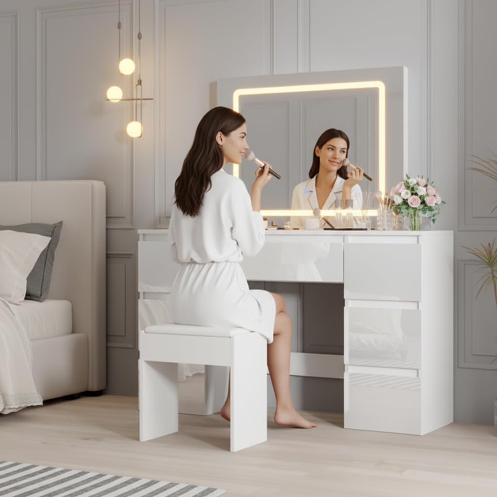 Schminktisch mit LED Beleuchtung, Hochglanz, 7 Schubladen, Weiß | Hochwertiger Stuhl mit Soft Pad, Für Schlafzimmer, Wohnzimmer, Friseur, Umkleidezimmer