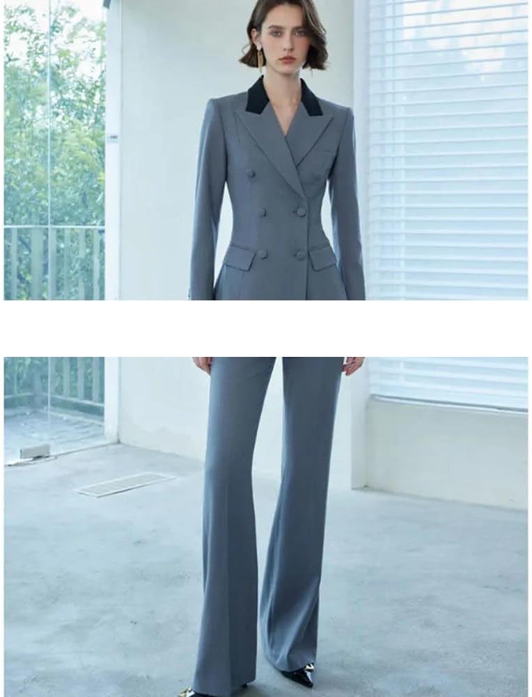 Women’S Peak Lapel Double Breasted Long Sleeve Blazer with Flare Pants – Slim Office Formal Wear