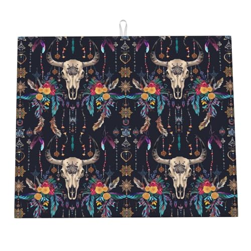Tappetino Asciuga Piatti Boho Colorful Feather Skull Tappetini Bancone Cucina Microfibra Tappetino Scolastoviglie Per Piani Caffettiera Posate 46X61Cm