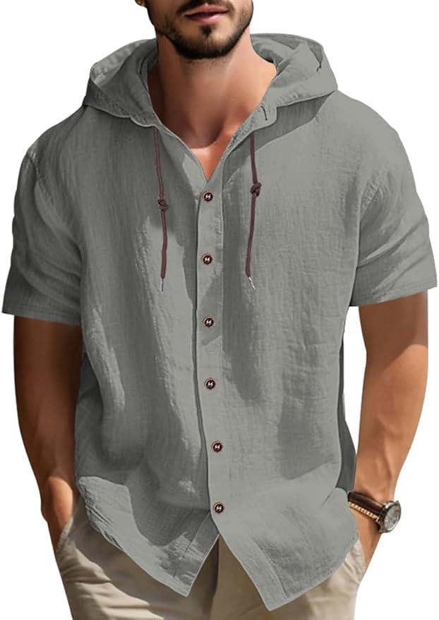Chemise Homme En Lin à Manches Courtes Avec Capuche - Légère Et Respirante Pour L'été - Style Décontracté Plage Ou Ville