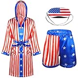 Vabean Satin American Flag Boxing Costume with Boxing Robe USA Boxer Shorts and Patriotic Eye Mask USA Outfits for Halloween(Medium)