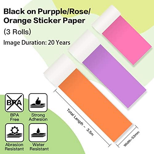 Phomemo Colorful Thermal Sticker Paper for Phomemo M02/M02 Pro/M02S/M03 Mini Printer, Black Character on Purpple/Rose/Orange, 50mm x 3.5m, Diameter 30mm, 3 Rolls - Image 5