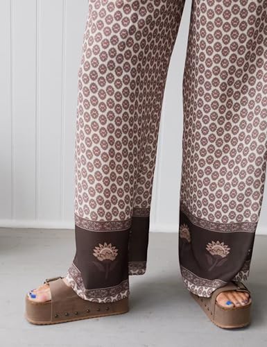 Womens Wide Leg Printed Pants with Stretch Drawstring Waist and Side Pockets Boho Lounge Casual Trousers(Khaki-L)4