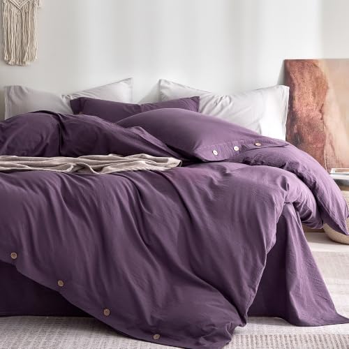 Image of JELLYMONI 100% Washed Cotton Purple Duvet Cover Cal King, Linen-Like