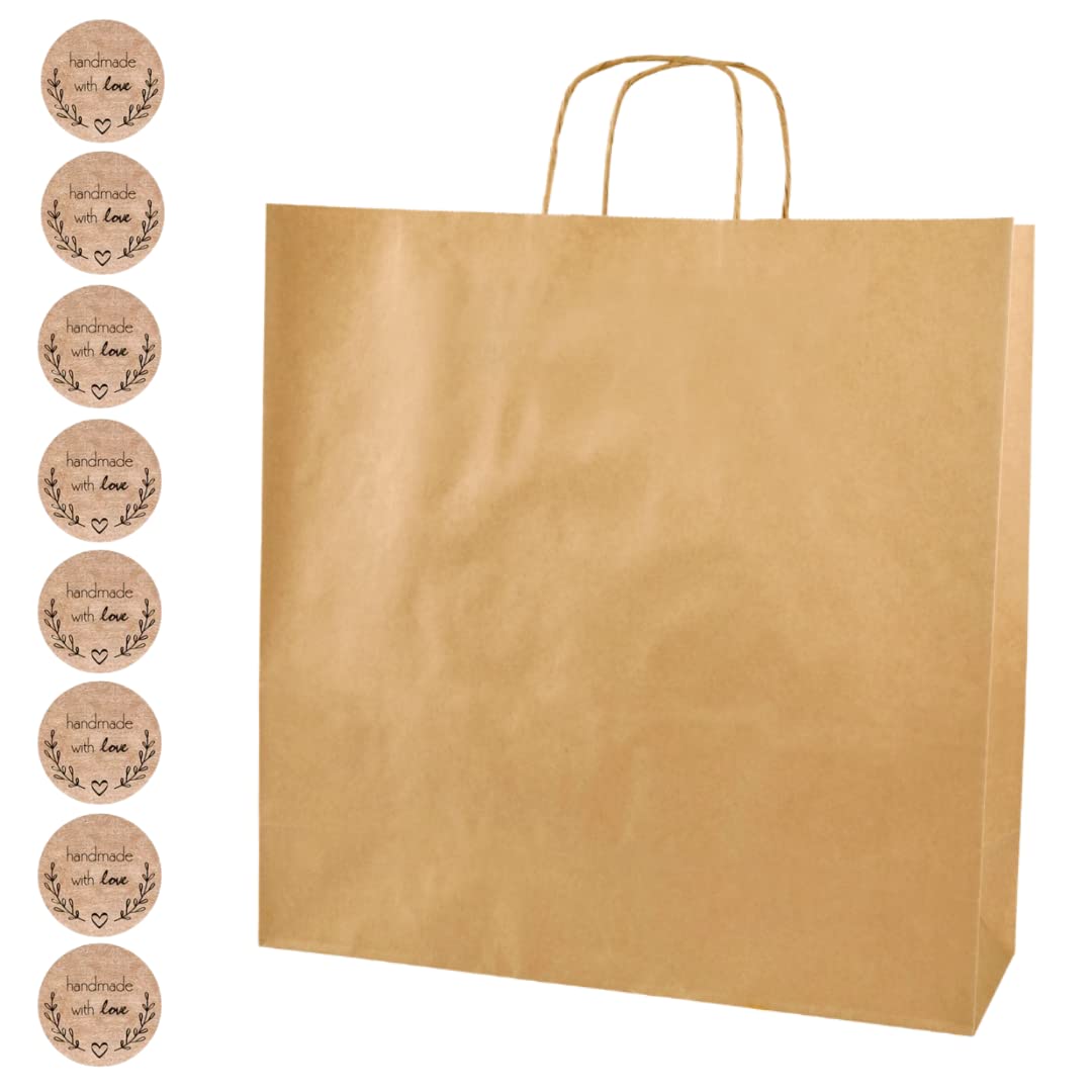 Thepaperbagstore 50 Brown Extra Large Paper Party Bags, Gift, Crafts and Sweet Bags with Twist Handles with "Handmade with Love" Stickers - 39x39.5x14cm