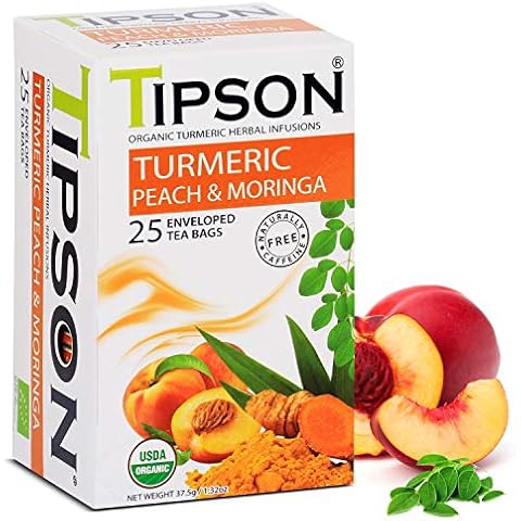 Tipson Organic Turmeri Peach Moringa Herbal Tea Foil Enveloped 25 Teabags of 1.5 g Cover