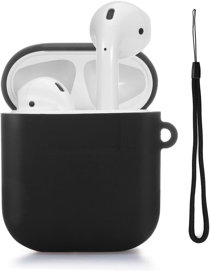 TomRich T330 Silicone AirPods Strap Case [BLACK] - [Cushion Protection] [Added Lanyard] - for Apple AirPods Case