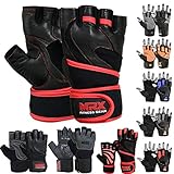 MRX Leather Weight Lifting Gloves Gym Cross Training Power Lifting Fitness Exercise Bodybuilding Workout Glove with Long Wrist Strap (Medium)