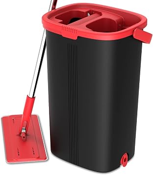 Tethys Flat Floor Mop and Bucket Set for Professional Home Floor Cleaning System with Aluminum Handle/2-Washable Microfiber Pads Perfect Home + Kitchen Cleaner for Hardwood, Laminate, Tiles, Vinyl