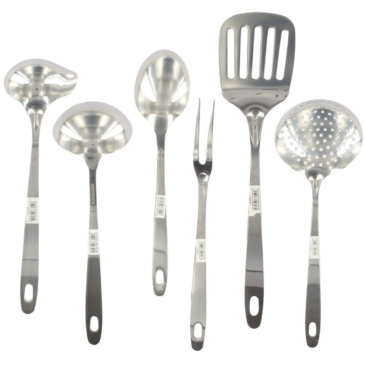 Fackelmann 9990650 Küchenhelfer-Set, 6-teilig, Skimmer, Gabel, Servierschaufel, Löffel, Schöpfkelle, Edelstahl, 28-32 cm