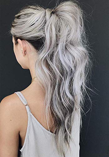 Sunny 14inch Ponytail Extension Real Human Hair,Color Solid Grey 100% Remy Human Hair Wrap Around Clip in Ponytail Hair Extensions 80g