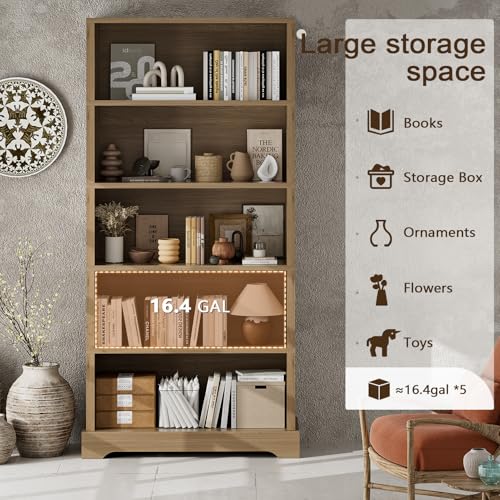 Image of TVU 5-Tier Wooden Bookshelf, 65 inch Tall Farmhouse Style Open Bookcase, 31.5 inch W Standing Book Shelf with Storage, Suitable for Study, Living Room, Office, Teak