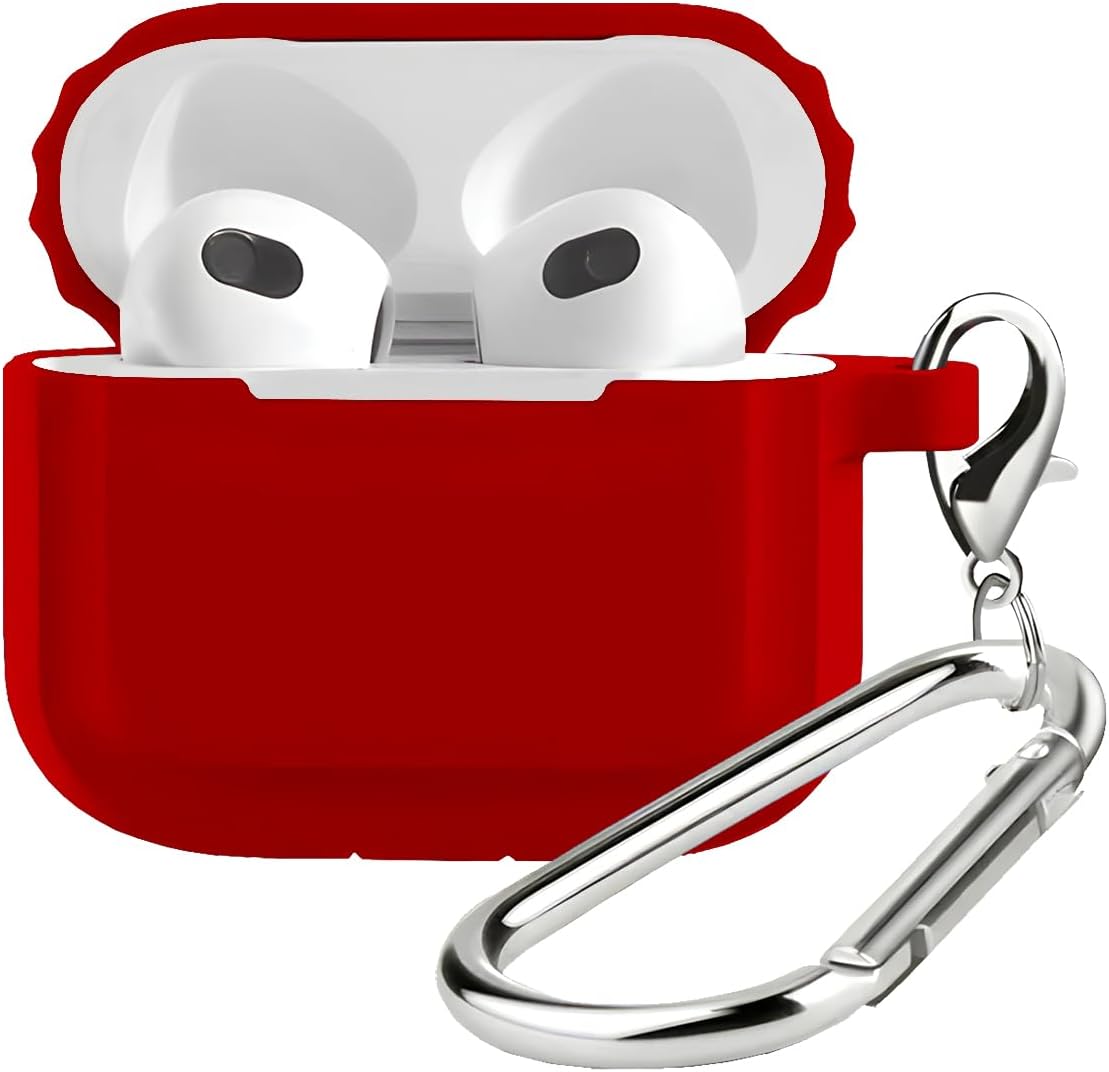 BUFF LABS Airpods 3 Uyumlu Rubber Silicone Case Kancalı Yumuşak Silikon Kılıf Airpods 3 Uyumlu Kulaklık Kılıfı (Kırmızı)