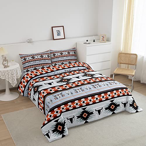 Erosebridal Aztec Bedding Set Queen,Southwestern Comforter Set Exotic Bull Skull Duvet Insert For Kids Child,Dream Catchers Bed Quilt Ethnic Tribe Feather Design Western Animals Boho Decor Red Black #TOP1