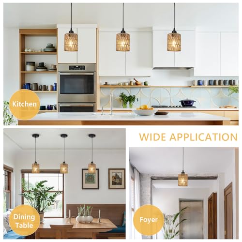 Lamsu 001 Rattan Pendant Lights, Boho Farmhouse Pendant Lighting With Hand Woven Natural Rattan Shade, Small Wicker Light Fixtures Ceiling Hanging thumb #7