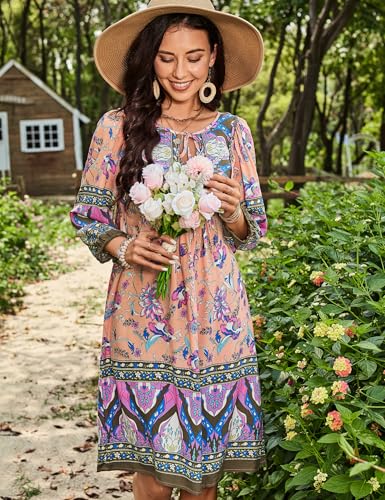 Image of Bluetime Women Casual Summer Dress Boho V Neck 3 /4 Sleeve Babydoll Floral Print Flowy Beach Dress