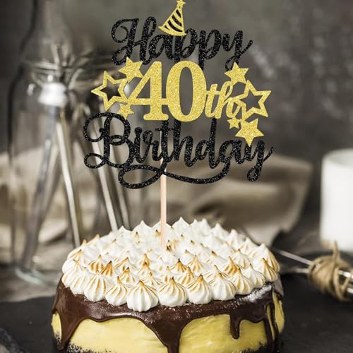 Image of Confetti! Glittering 40th Birthday Cake Topper with Star Hat - Cheers to 40 Years! Fabulous Cake Decorations for Adults 40th Birthday & Anniversary Party Supply