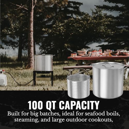 Image of GasOne 100Qt Aluminum Stock Pot with Strainer and Lid - Large Deep Fryer Pot with Basket for Boiling, Frying Turkey, Seafood, Crawfish - Food-Grade Aluminum Large Cooking Pot with Sturdy Handles