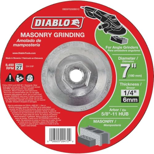 Diablo Masonry Grinding Disc with Type 27 Hub - 7" Diameter, 1/4" Thick, 5/8"-11 Arbor, Fast Material Removal, Long Life, Concrete Brick Cement Use - DBD070250B01C