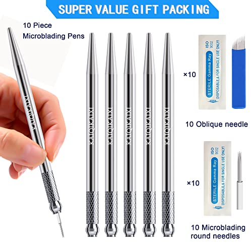 Microblading-Pens-Silver-10-Piece-Light-Manual-Tattoo-Eyebrow-Pens-For-Permanent-Makeup-Supplies-Durable-Aluminum-Pen-With-Lock-Pin-Tech-Ergonomic-Gift10-round-needles10-Oblique-needle