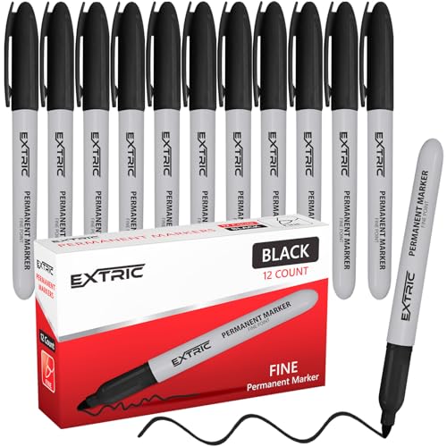 EXTRIC Permanent Markers Black, 12 Count Fine Point Markers, Quick Drying, Works on wood, Paper, Plastic, Metal and Glass, for Home, Office and School use