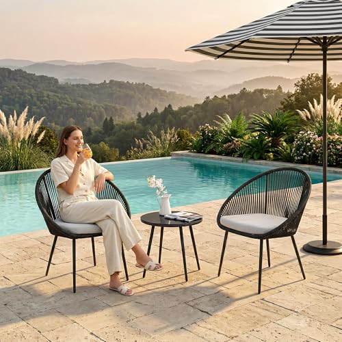 Image of BRISHI Garden Patio Seating Chair and Table Set Outdoor Balcony Garden Coffee Table Set Furniture with 1 Table and 2 Chairs Set with Cushion Braid & Rope (Black)
