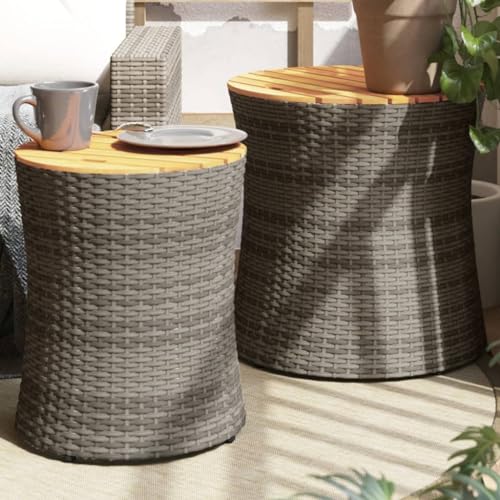 Mokuyary Juego de 2 mesas auxiliares de jardín con tablero de madera gris polirratán, mesita de noche, mesa de teléfono, para salón, dormitorio, sofá, oficina