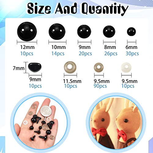 TOAOB 250 Pieces 6 to 12 mm Plush Animal Dolls Safety Eyes in Black Plastic with 250 Washers for Craft DIY Puppet Making - Image 2