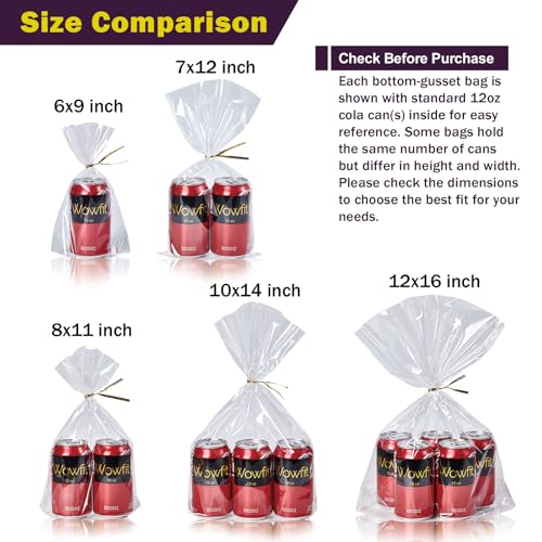 Wowfit 8x11 Clear Treat Bags, Bottom Gusset, 50 CT, 6 Gold Ties