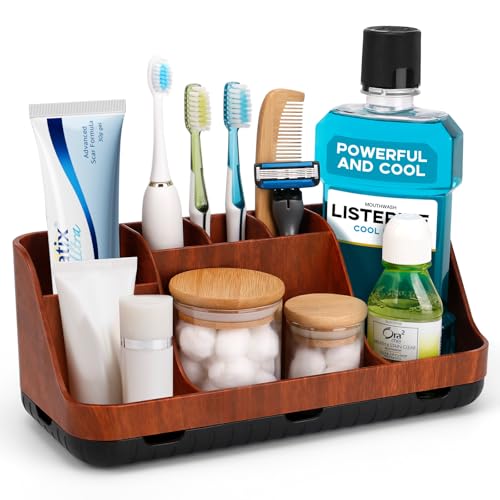 Zahnbürstenhalter für Badezimmer Organizer, elektrische Zahnbürste und Zahnpasta Halter, 7 Slots badorganizer für Badezimmer, Küche und Familie (Red Wood Grain) 1