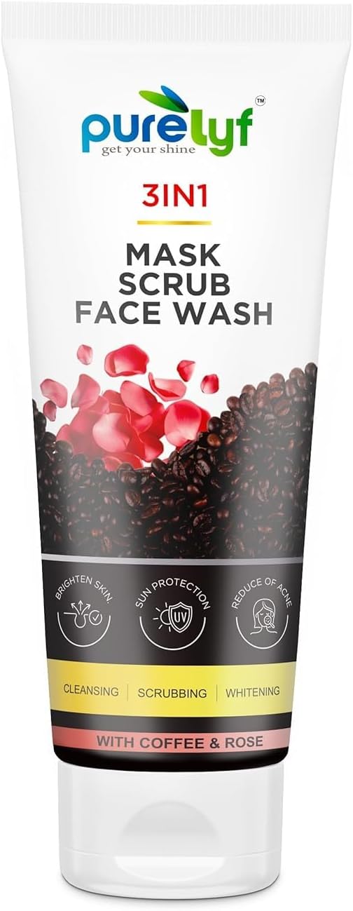 Purelyf 3 in 1 Advanced Face Wash | With Coffee & Rose Extracts | Cleansing, Scrubbing & Whitening for Glowing Skin | Suitable for Men & Women – 100ML (Pack of 1)