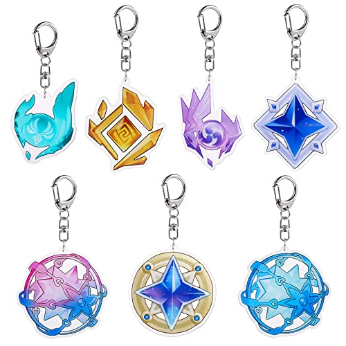 Lot de 7 porte-clés Genshin Impact - Motif anime entrelacé, destin acquaint fate, Starglitter, Stardust, anemocule, géoculus et électrocule, Multi 7 pièces Cover