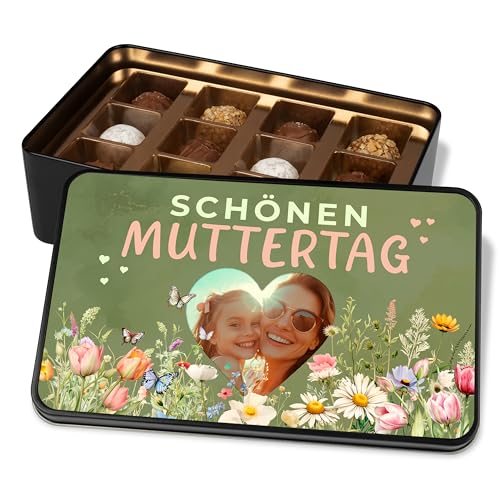 True Statements Pralinendose personalisiert Muttertag – Foto-Geschenk Blumenwiese – 12 Premium Pralinen in Metalldose