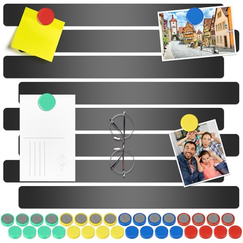 Wukong 8 Stück Magnettafel Memotafel 30x3cm Schwarz Selbstklebend Magnetleisten mit 32 Stück Runden Starke Magnete für Büro Pinnwand Fotowand Dokumente und Kühlschrank